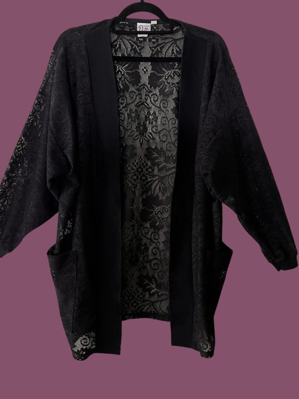 Vintage Black Lace Open Cardigan with Pockets, Size Small